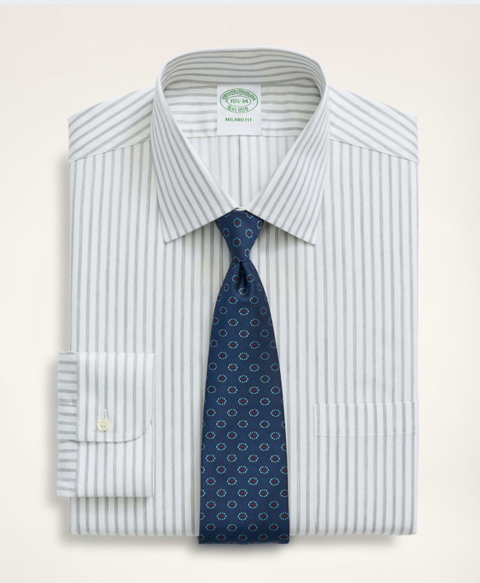 Photo: Brooks Brothers Men's Stretch Milano Slim-Fit Dress Shirt, Non-Iron Twill Stripe Ainsley Collar | Grey
