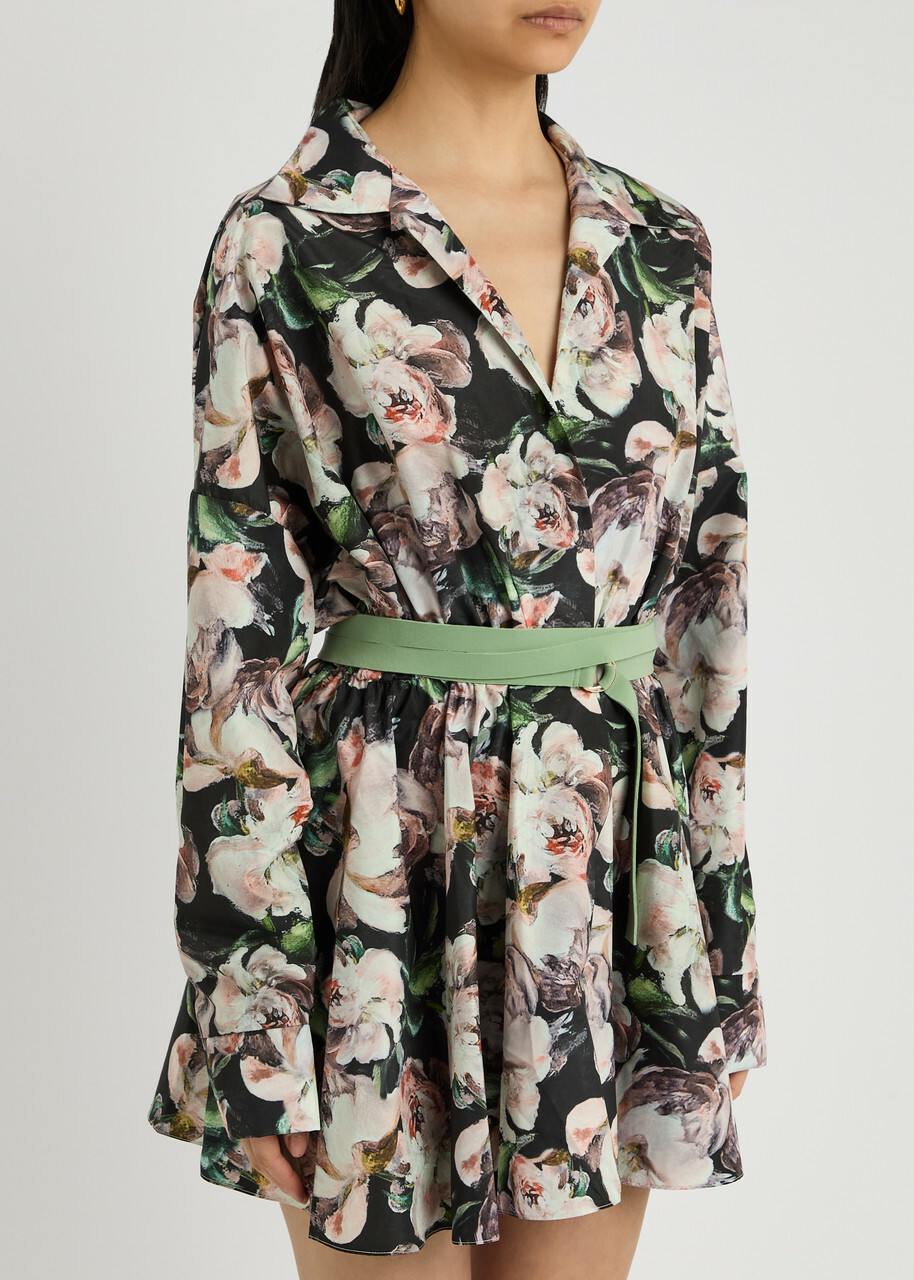 Norma Kamali Belted Floral-print Shell Mini Dress Pink