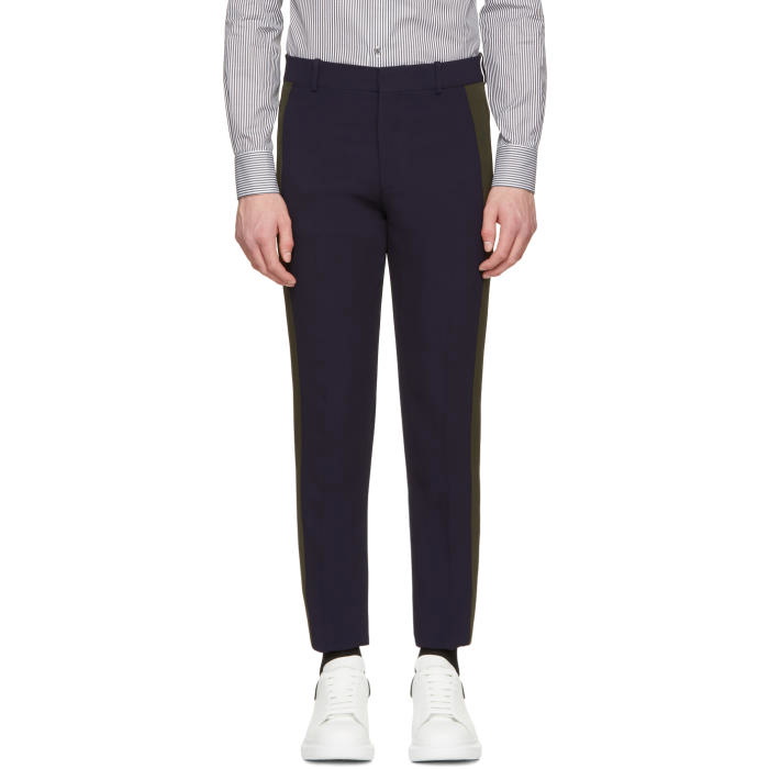 Photo: Alexander McQueen Navy and Khaki Single Crepe Trousers