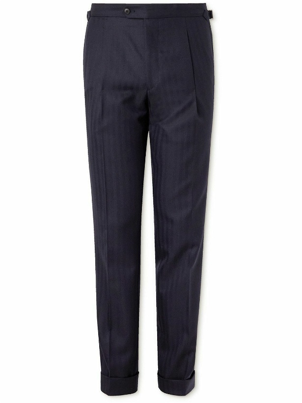 Photo: Saman Amel - Straight-Leg Pleated Herringbone Wool-Twill Suit Trousers - Blue