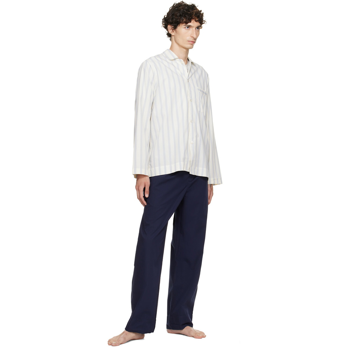 Tekla Off-White & Blue Poplin Long-Sleeved Pyjama Shirt
