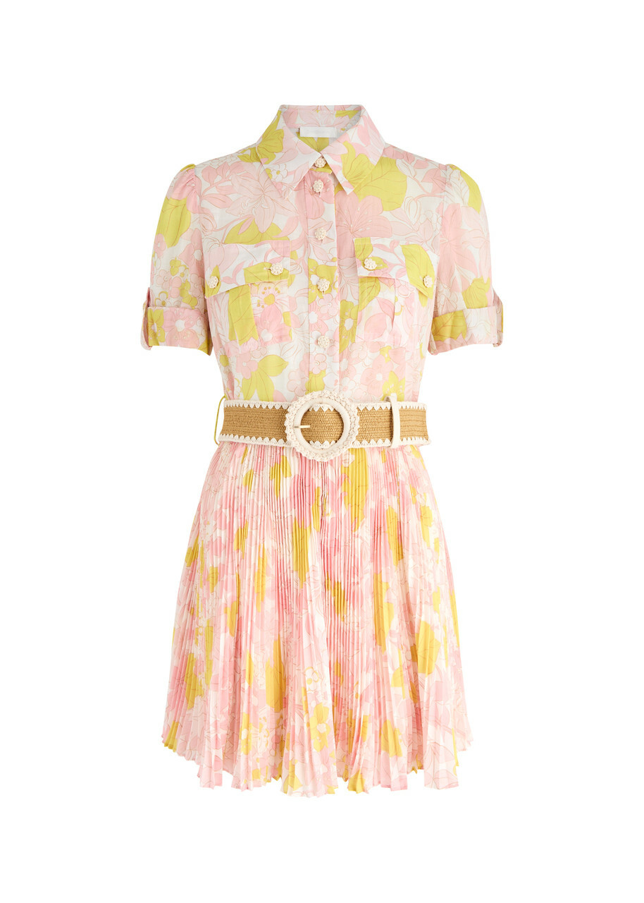 Zimmermann Pop Printed Pleated Mini Shirt Dress Multi Floral