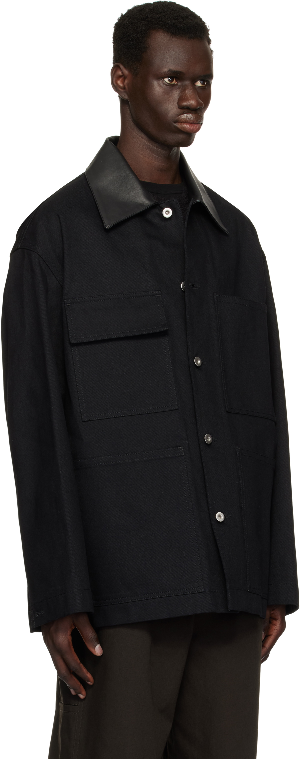 Jil Sander Black Leather Collar Denim Jacket