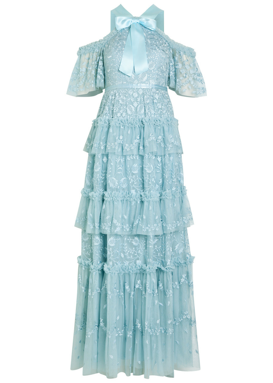 Needle & Thread Primrose Floral-embroidered Tulle Gown Blue