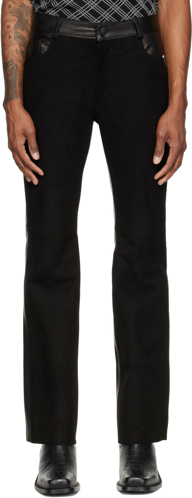Ernest W. Baker Black Five Pocket Leather & Suede Trousers