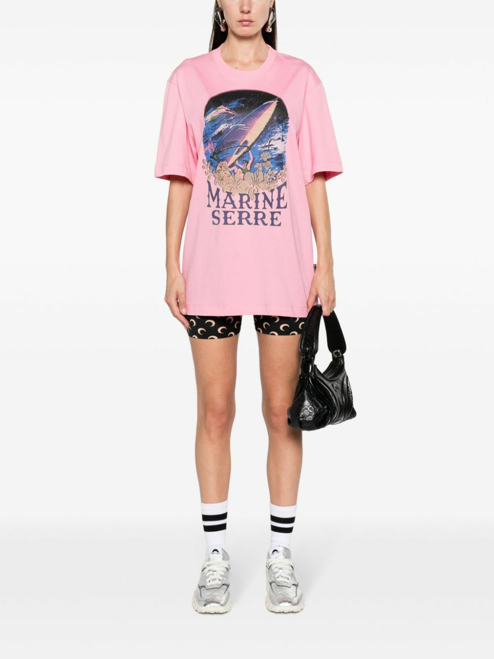 大人気【MARINE SERRE】ムーンロゴベビーフィットTシャツ ピンク Moon Logo Ribbed Jersey Cut-Out T-Shirt • Marine Serre