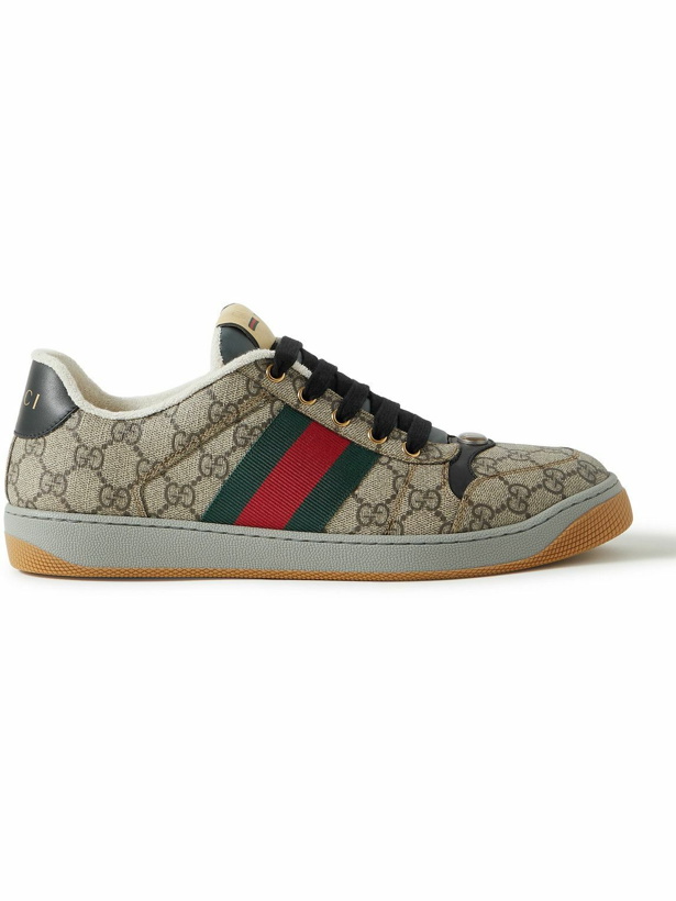 Photo: GUCCI - Screener Webbing-Trimmed Monogrammed Supreme Coated-Canvas Sneakers - Brown