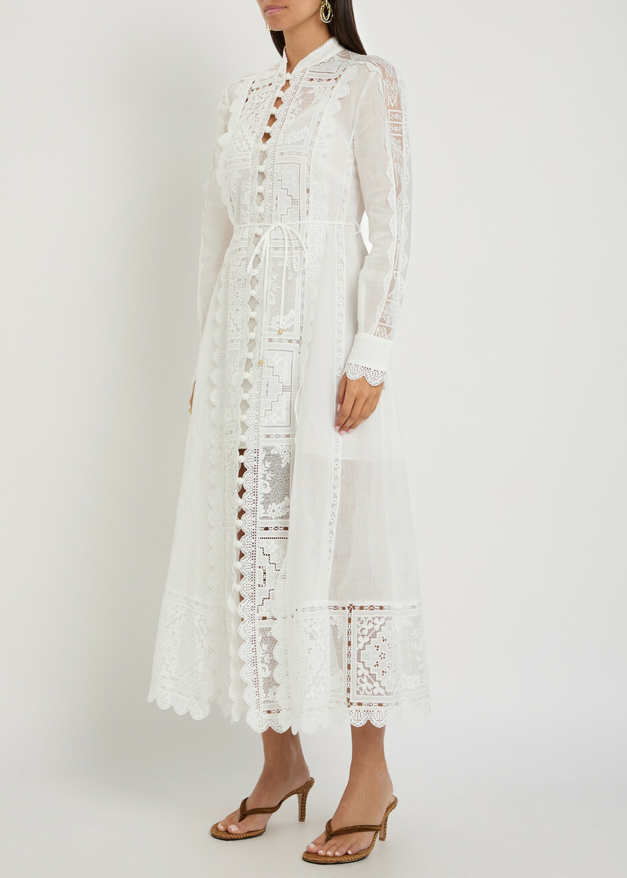 Zimmermann Aster Embroidered Belted Ramie Midi Dress Ivory