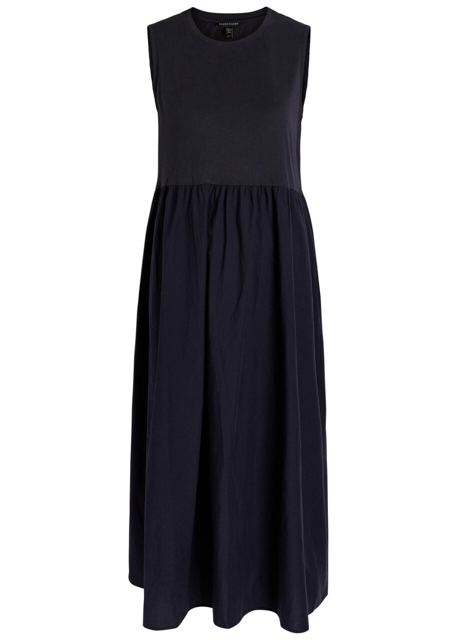Eileen Fisher Pleated Cotton Midi Dress Dark Blue