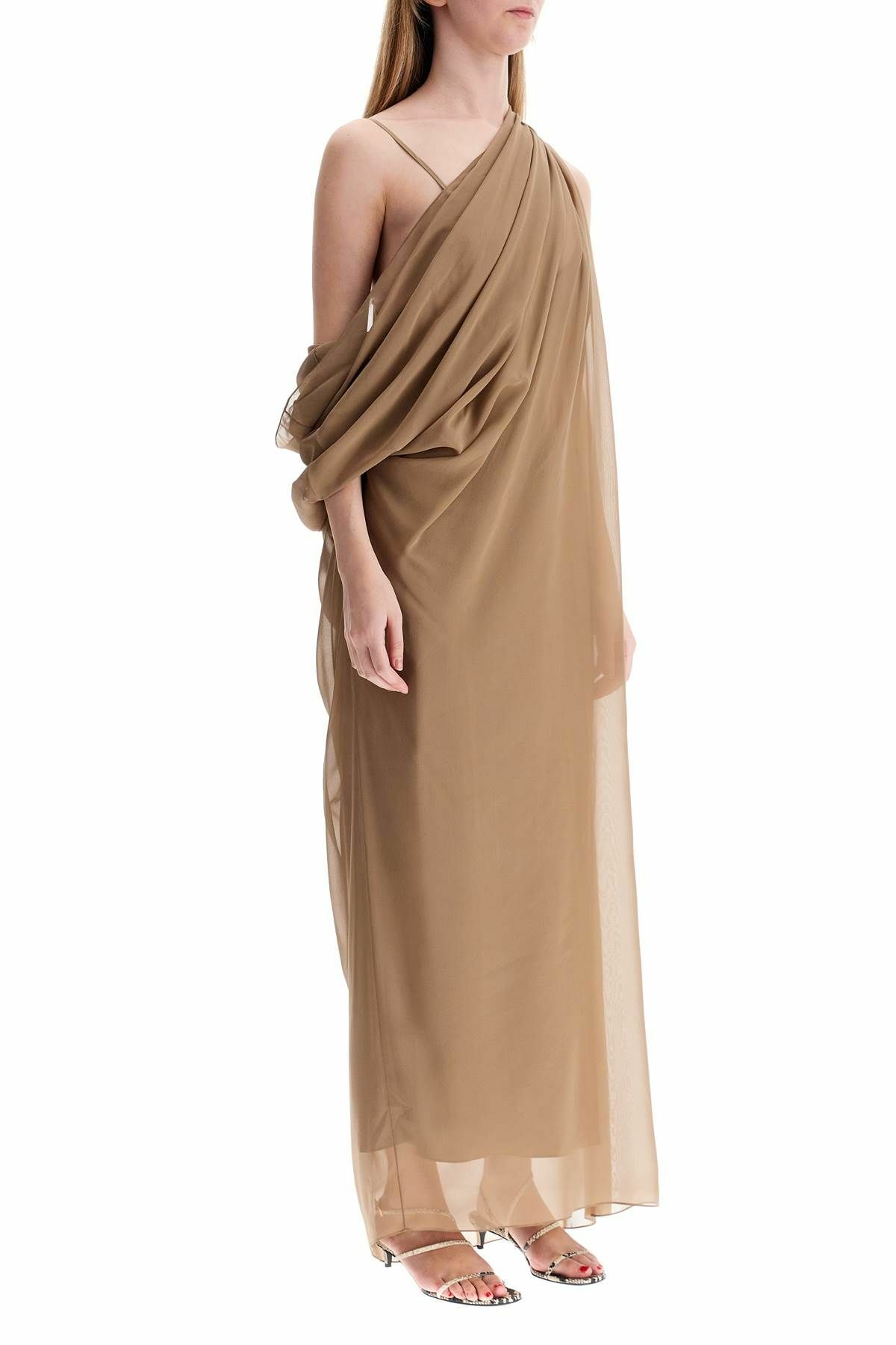 khaite silk dress Khaite Ria Puff-Sleeve Draped Silk-Blend Maxi Dress