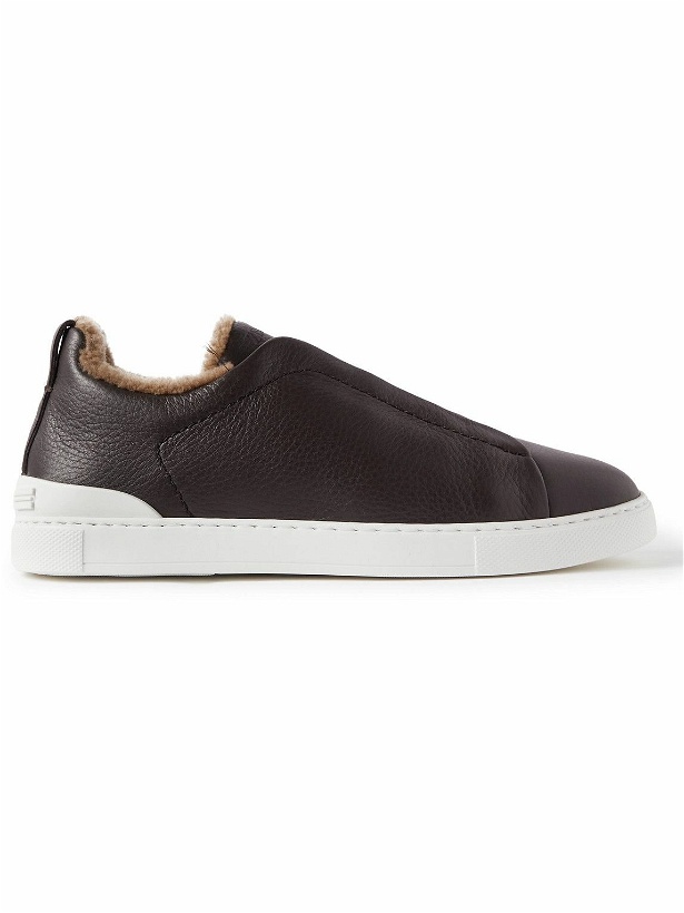Photo: Zegna - Triple Stitch Shearling-Lined Full-Grain Leather Slip-On Sneakers - Brown