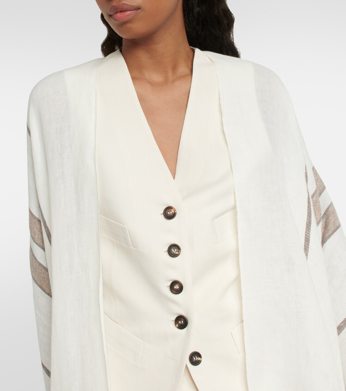 Brunello Cucinelli - Linen-blend striped lamé cape