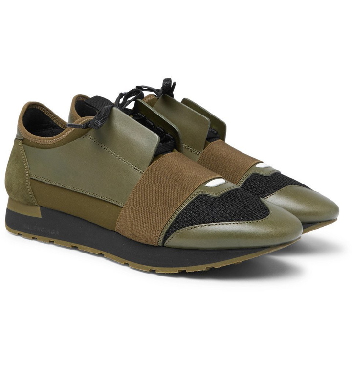 Photo: Balenciaga - Race Runner Leather, Neoprene, Suede and Mesh Sneakers - Men - Green