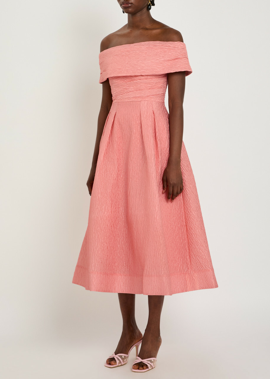 Rebecca Vallance Adalyn Off-the-shoulder Cloqué Midi Dress Peach