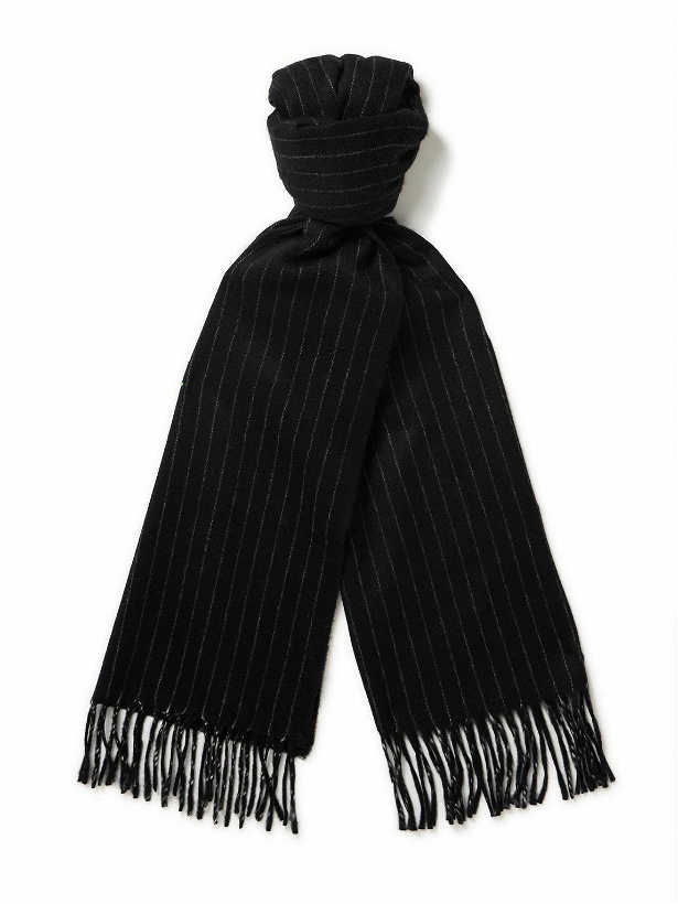 Photo: SAINT LAURENT - Fringed Pinstriped Cashmere and Wool-Blend Scarf