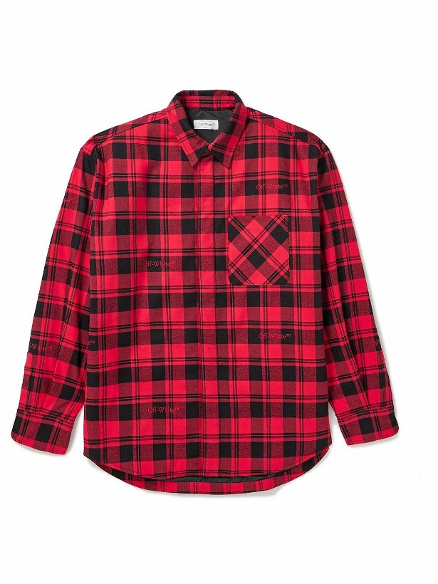Photo: Off-White - Logo-Embroidered Padded Checked Cotton-Flannel Overshirt - Red