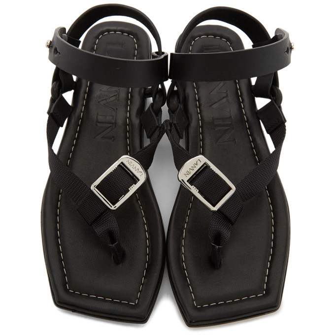 LANVIN Size 8 Black Leather Thong Sandals LANVIN Black Suede T-Strap Sandals Size 8 IT 38 Very Good  main image 4