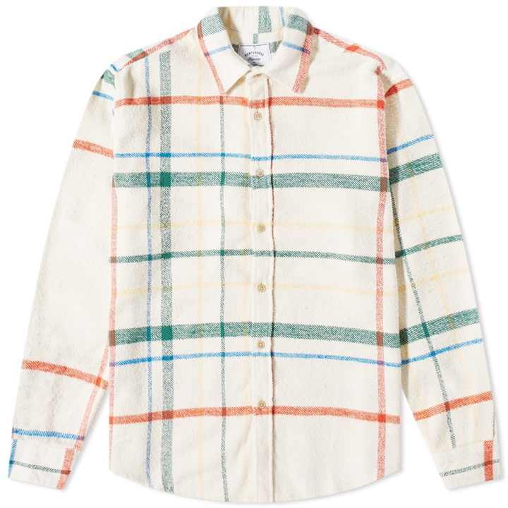 Photo: Portuguese Flannel Men's Misaligned Check Overshirt in Ecru/Green/Red