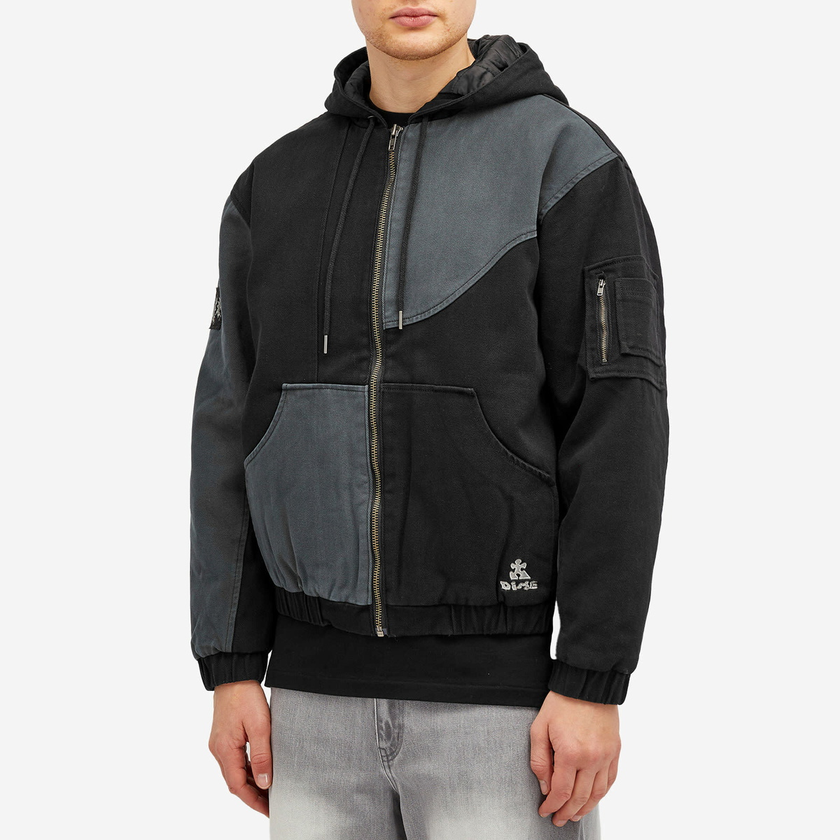 【Dime】PANEL DENIM HOODED BOMBER Dime Panel Denim Hooded Bomber Jacket - Charcoal | Flatspot
