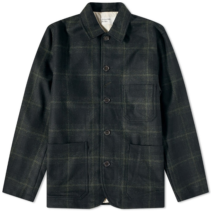 Photo: Universal Works Men's Check Merino Bakers Chore Jacket in Olive