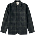 Universal Works Men's Check Merino Bakers Chore Jacket in Olive