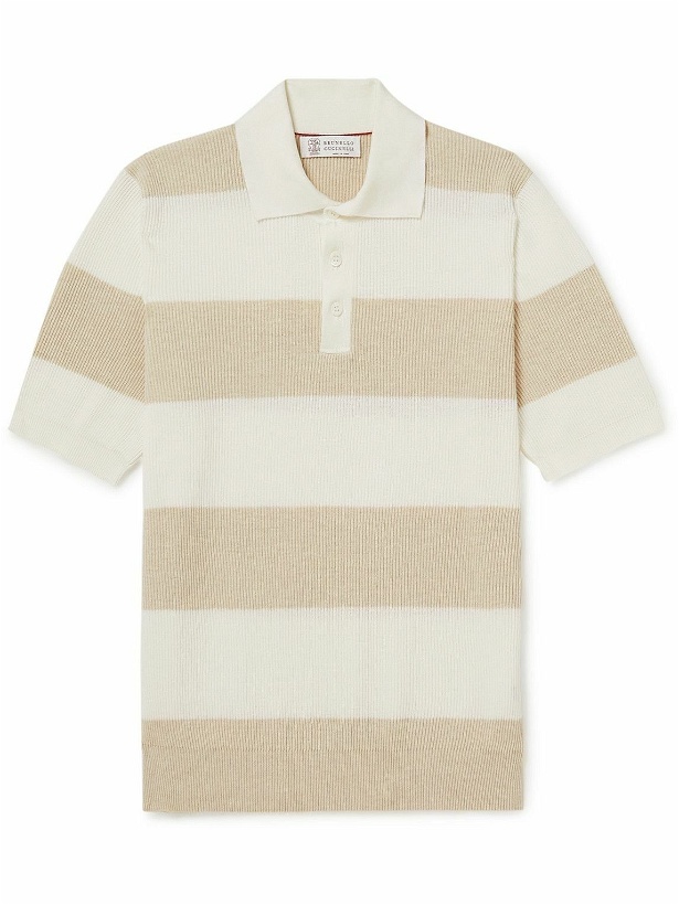 Photo: Brunello Cucinelli - Striped Ribbed Cotton Polo Shirt - Neutrals