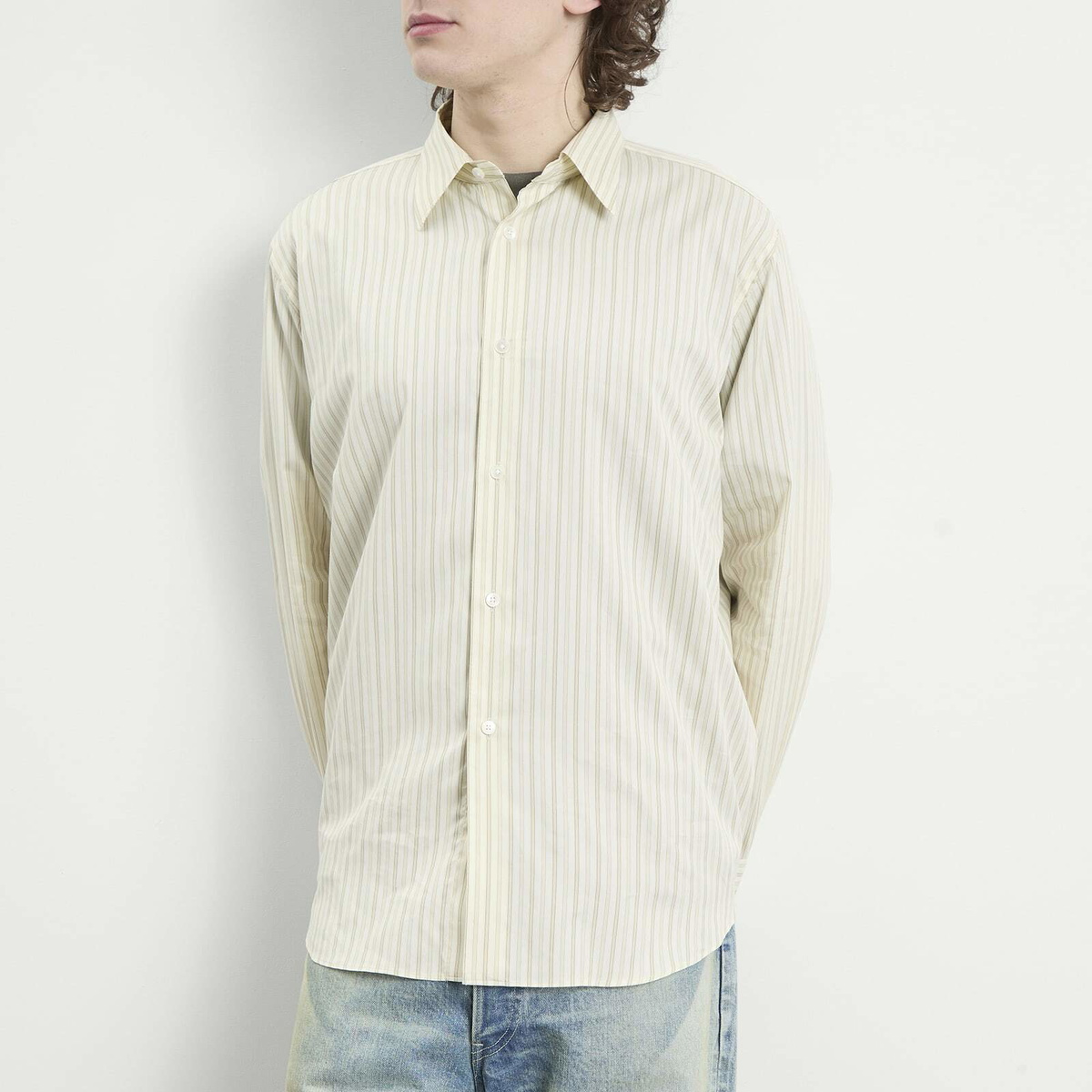 Auralee Men's Cotton Silk Stripe Shirt in Ivory Stripe Auralee