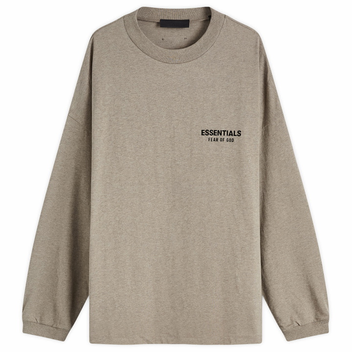 Photo: Fear of God ESSENTIALS Men's Core Logo Jersey Long Sleeve T-Shirt in Heather Grey