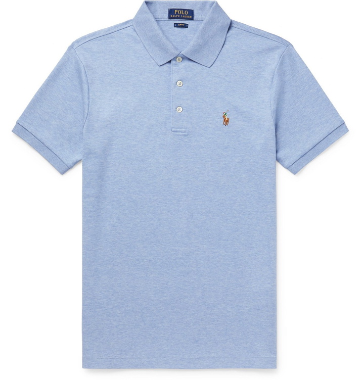 Photo: POLO RALPH LAUREN - Slim-Fit Logo-Embroidered Mélange Cotton Polo Shirt - Blue
