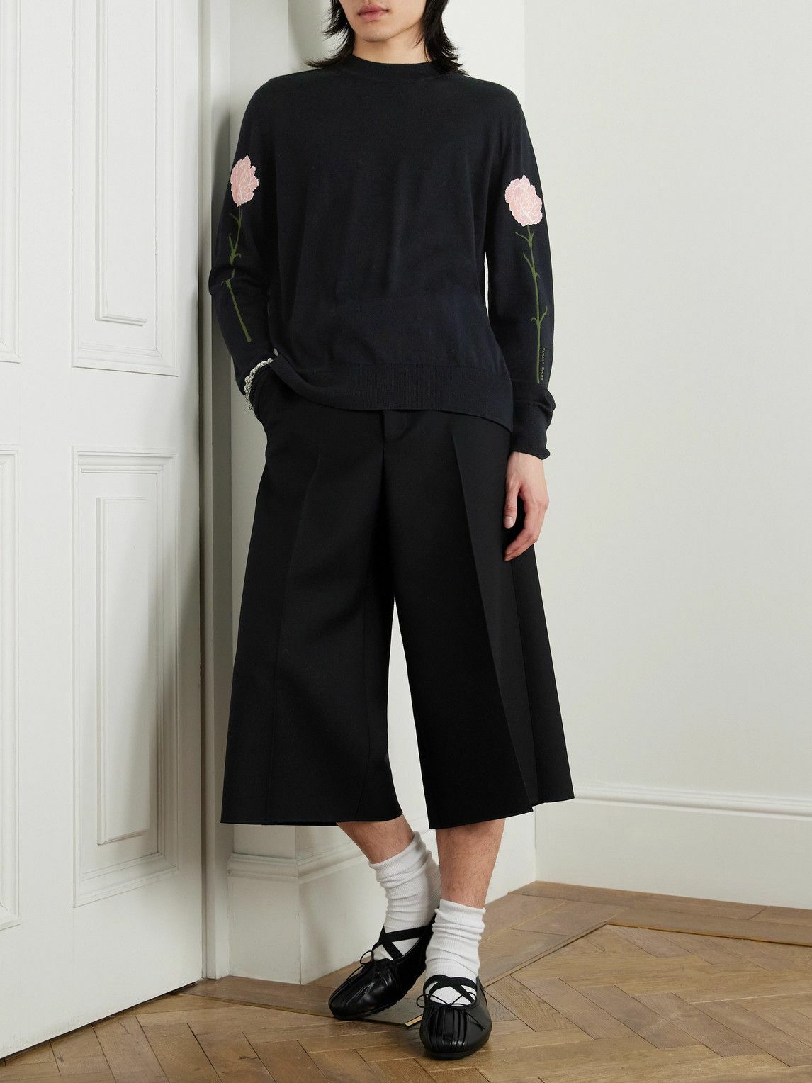 Simone Rocha - Carnation Intarsia Wool and Silk-Blend Sweater - Black