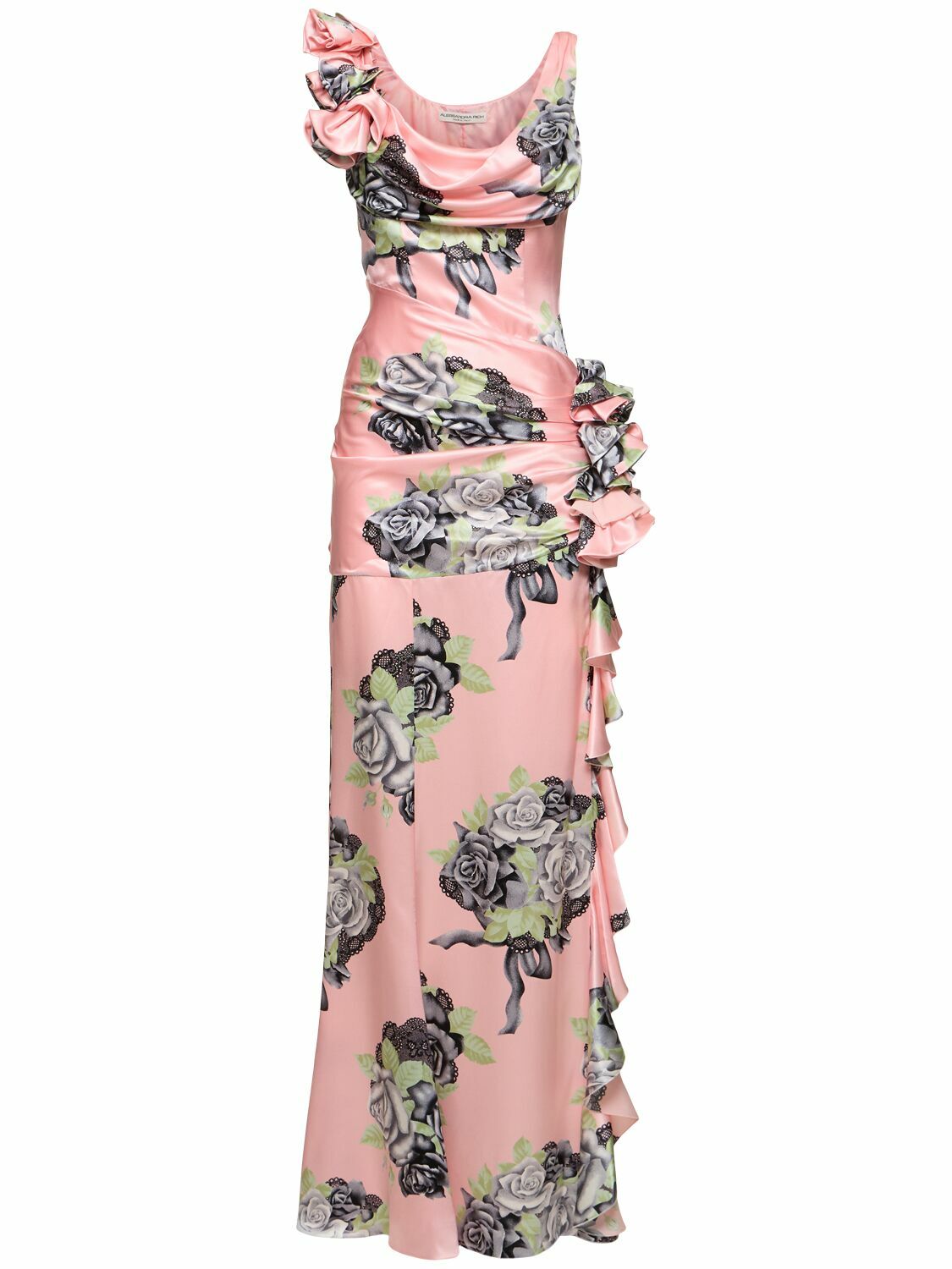 ALESSANDRA RICH Rose Print Silk Satin Evening Dress Alessandra Rich