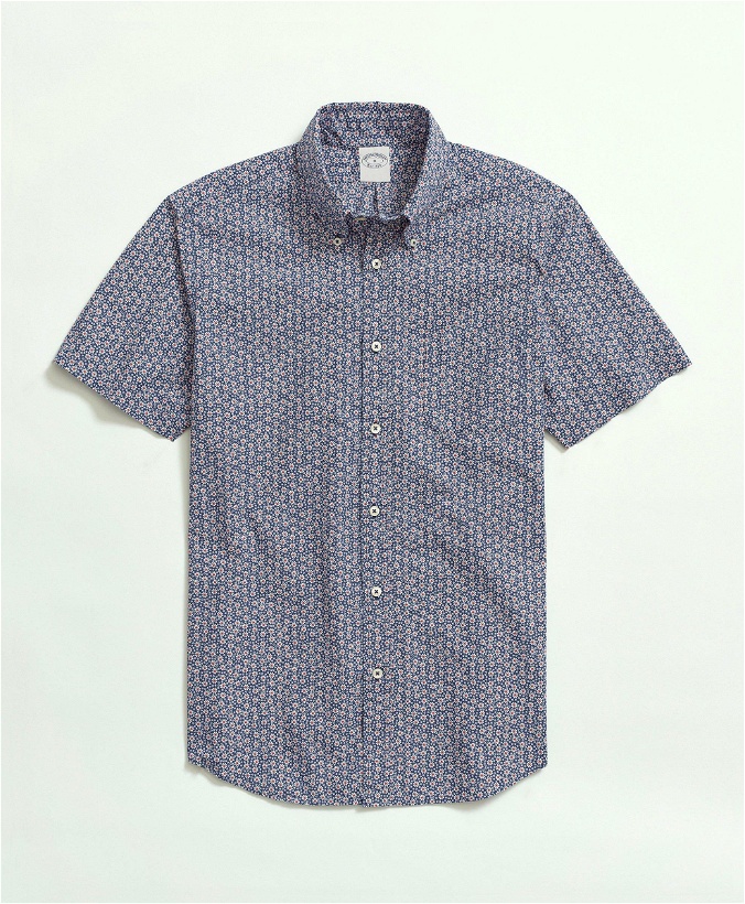 Photo: Brooks Brothers Men's Cotton Poplin Button-Down Collar, Floral Print Short-Sleeve Sport Shirt | Navy