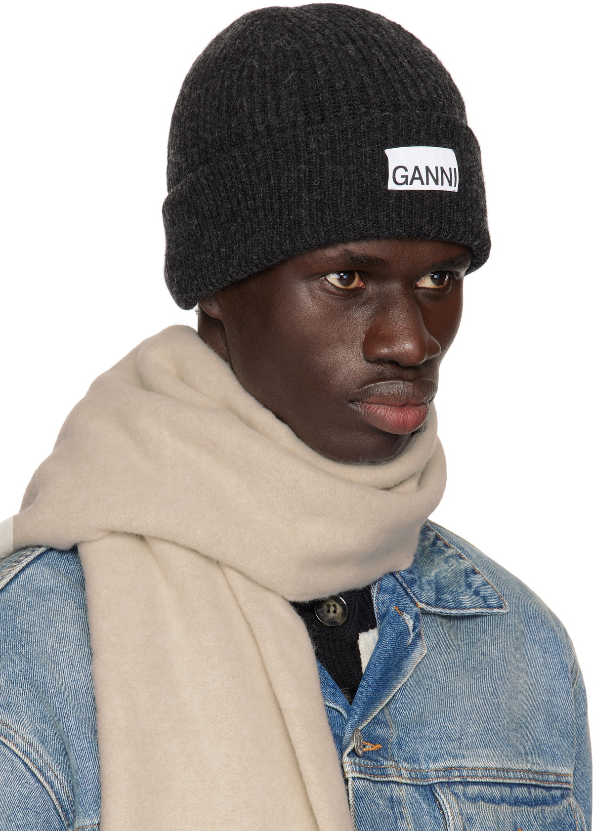 GANNI Gray Fitted Wool Rib Knit Beanie GANNI
