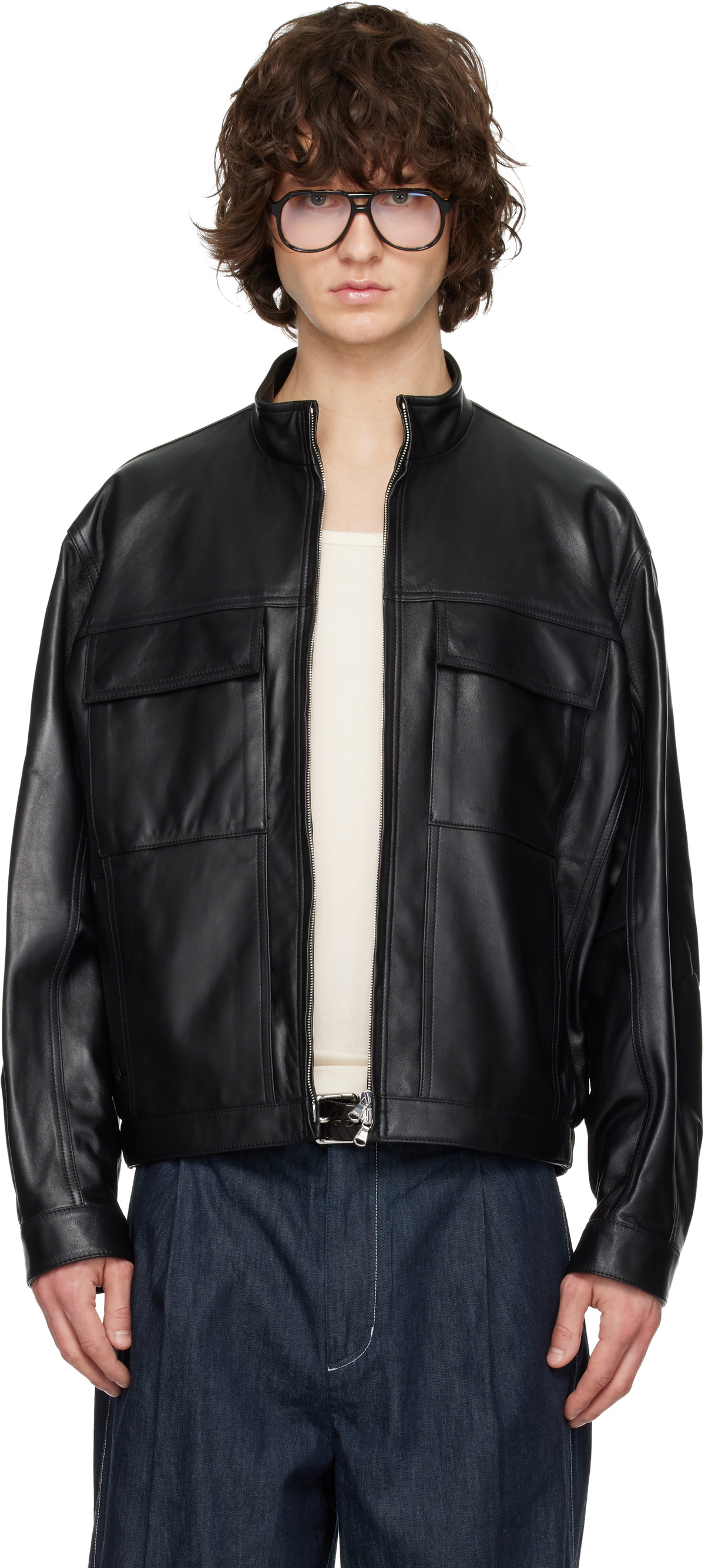 Solid Homme Black High-Neck Two-Pocket Leather Jacket
