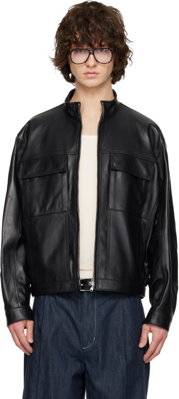 Photo: Solid Homme Black High-Neck Two-Pocket Leather Jacket