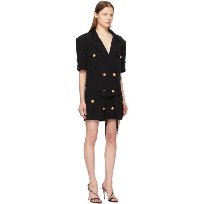 Balmain Black Crepe Belted Short Dress Balmain