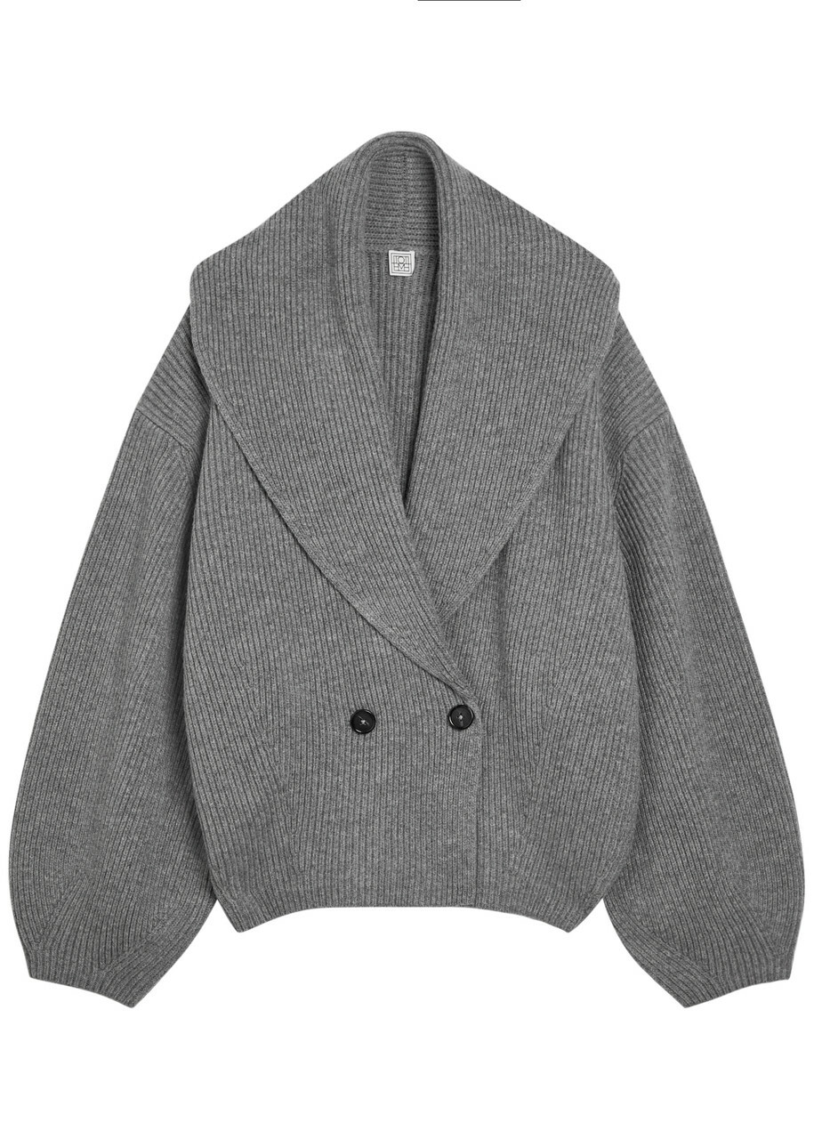 Toteme Shawl Lapel Ribbed Wool-blend Cardigan Grey