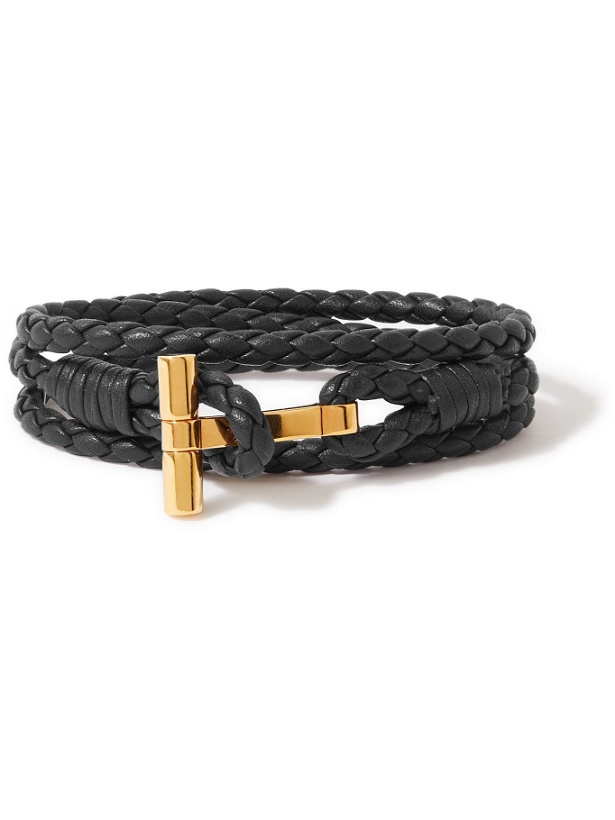 Photo: TOM FORD - Braided Leather and Gold-Tone Wrap Bracelet - Black