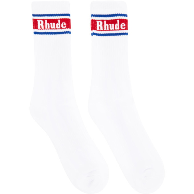 Photo: Rhude White and Blue Vintage Logo Socks