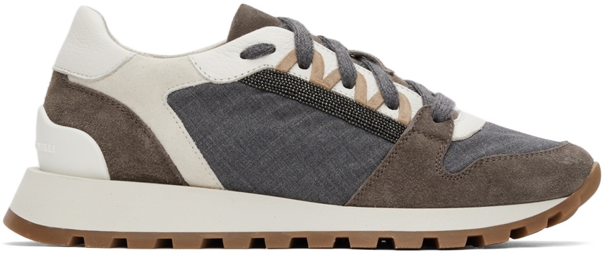 Brunello Cucinelli Grey & White Suede Monili Sneakers Brunello Cucinelli