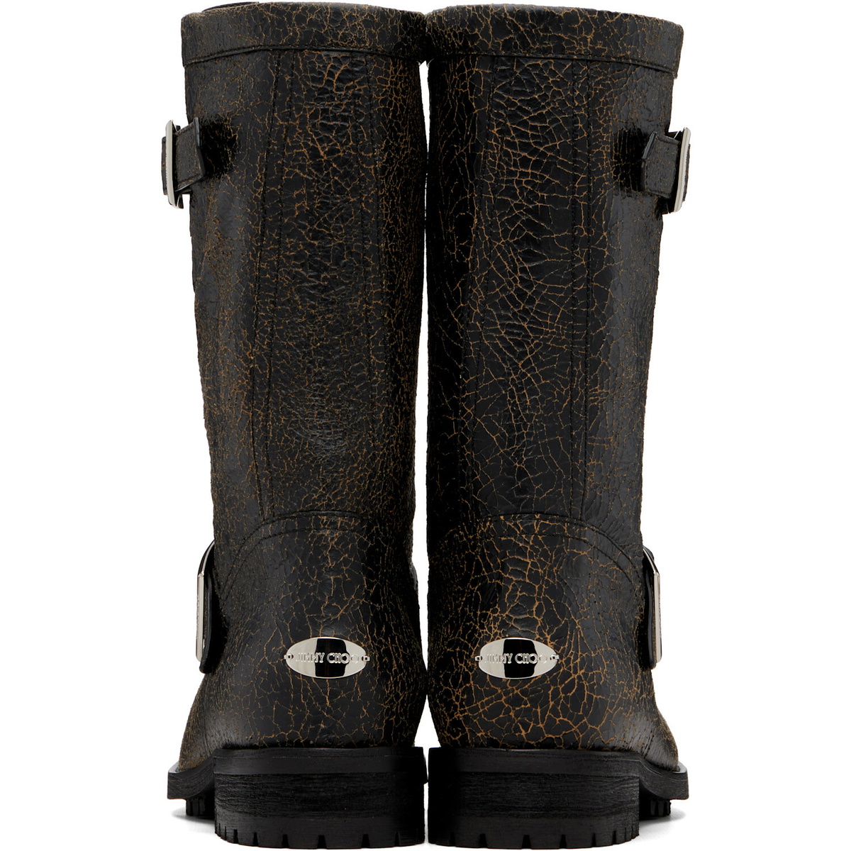 Jimmy Choo Black Biker Midcrackled Leather Boots