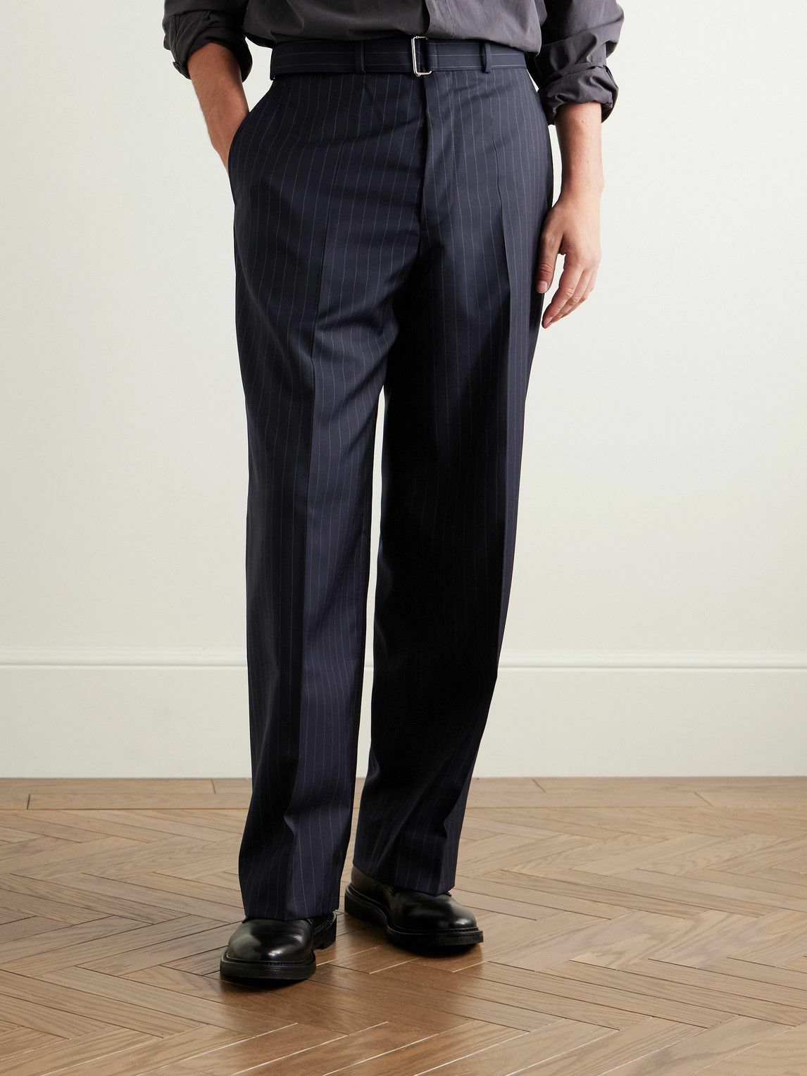 Officine Générale - Nash Wide-Leg Belted Pinstriped Virgin Wool-Twill Suit Trousers - Blue