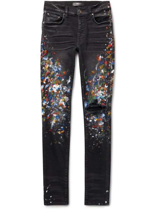 Photo: AMIRI - Skinny-Fit Distressed Paint-Splattered Jeans - Black