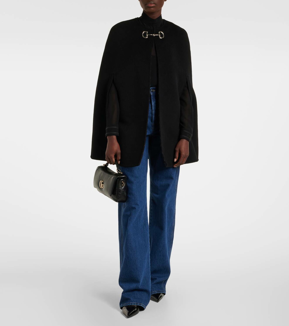 ポンチョ・ケープ Gucci Wool Cape With Iconic Horsebit Wool and silk Horsebit cape in black and grey | GUCCI® US