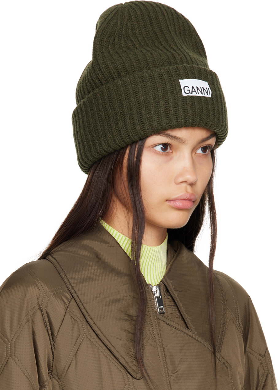 GANNI Khaki Rib Beanie GANNI