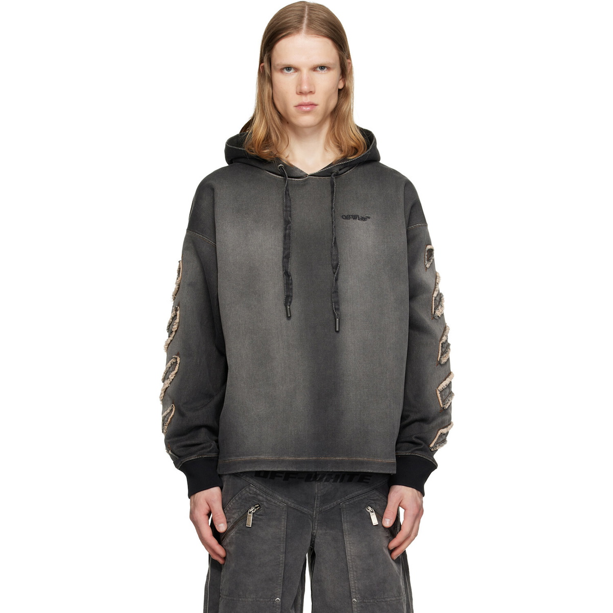 Off-White Gray Distress Diag Loose Highlighted B Hoodie