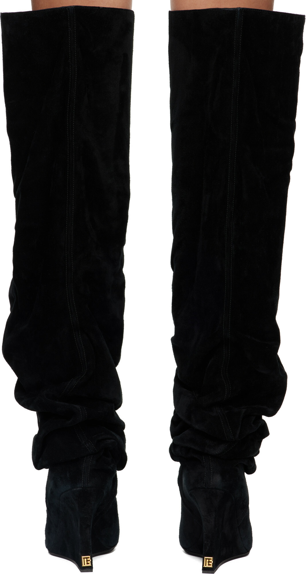 BALMAIN Black Suede Leather Wedge Thigh-High Boots