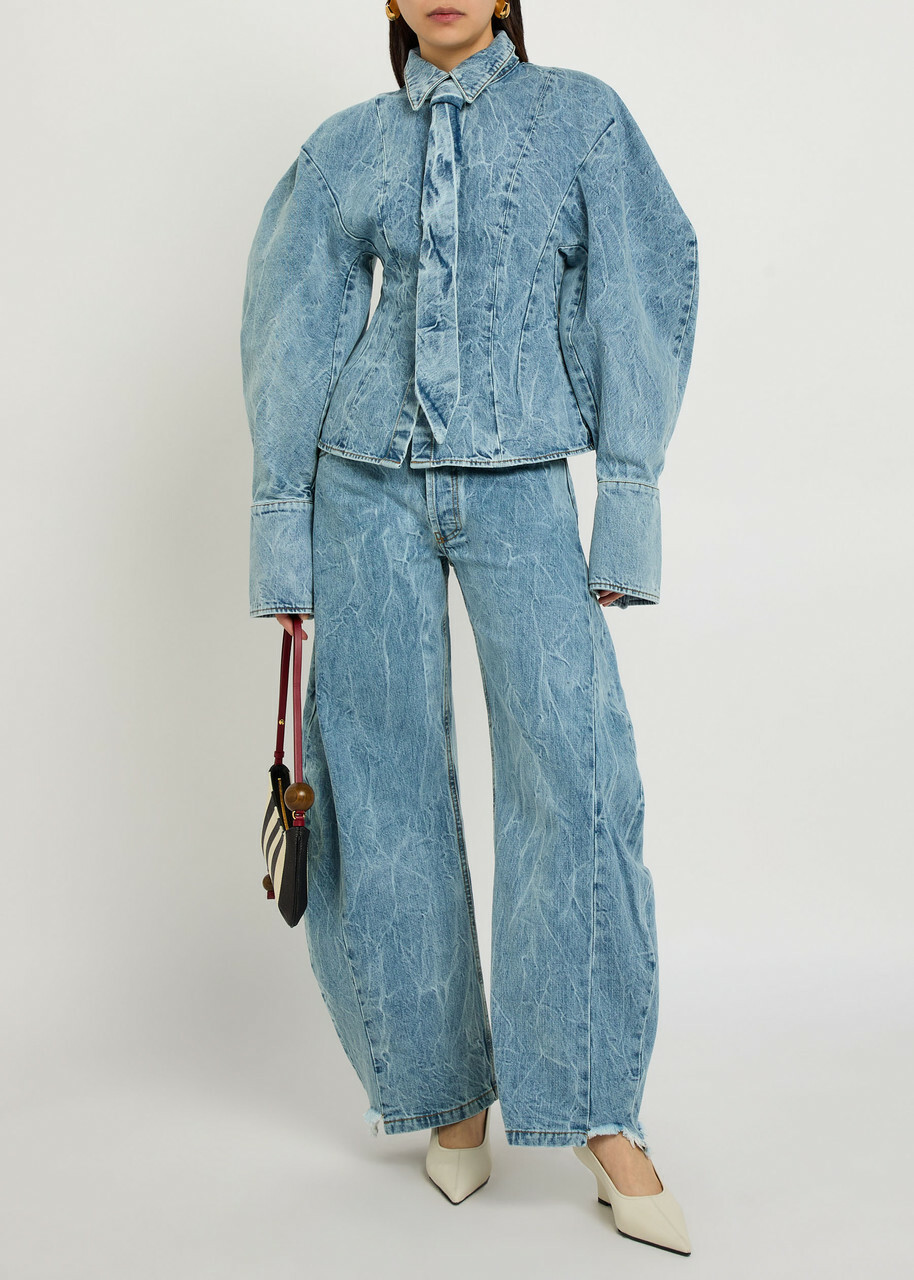 A.W.A.K.E Mode Tie-neck Washed Denim Shirt Indigo