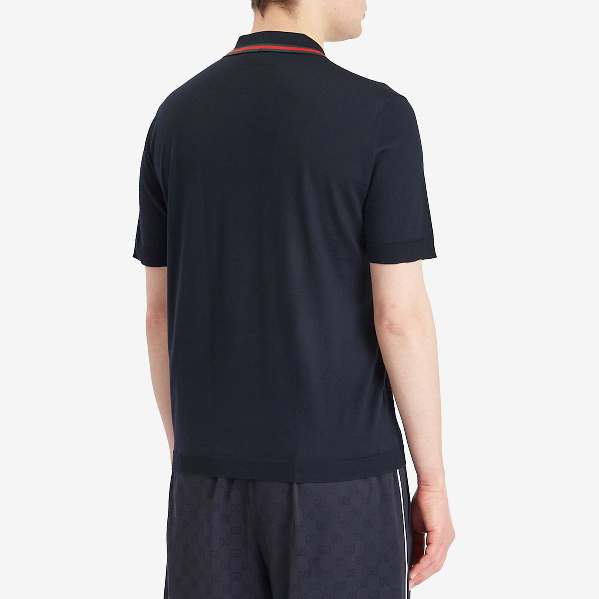 Gucci Men's Fine Gauge Wool Short Sleeve Polo Shirt in Ink/Green/Red