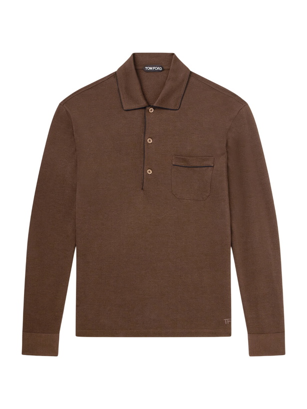Photo: TOM FORD - Piped Silk and Cotton-Blend Piqué Polo Shirt - Brown